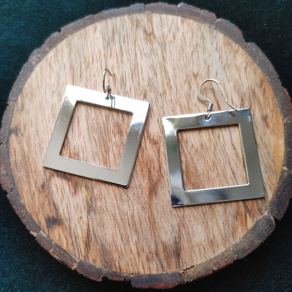 Silver Square Earrings - Picture 2 of 4